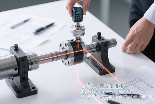 图为工作人员检测编码器安装同轴度的照片